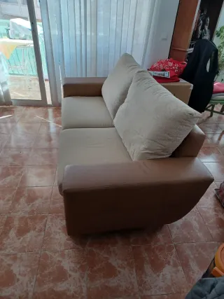 Sofá 3+2 Tela Beige y Polipiel Marrón