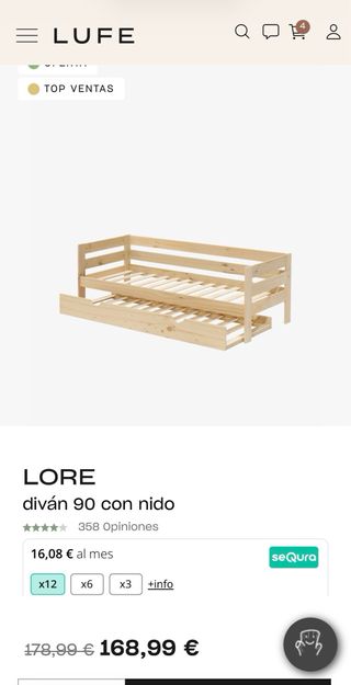 Diván de madera maciza con nido 90cm