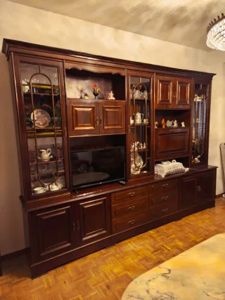 Librería madera oscura con vitrinas