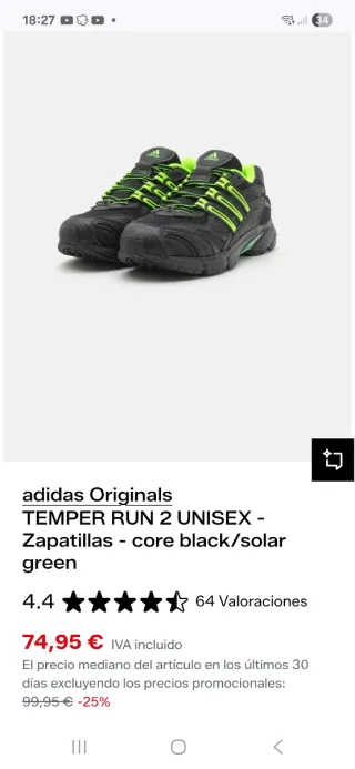 Zapatilla Adidas Temper Run 2 Negro/Verde