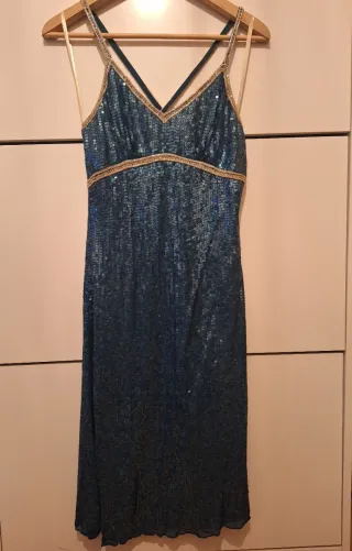 Vestido fiesta lentejuelas azul y dorado