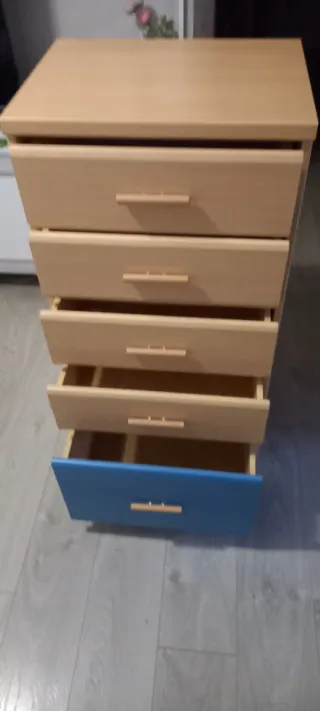Cómoda 5 cajones madera y azul