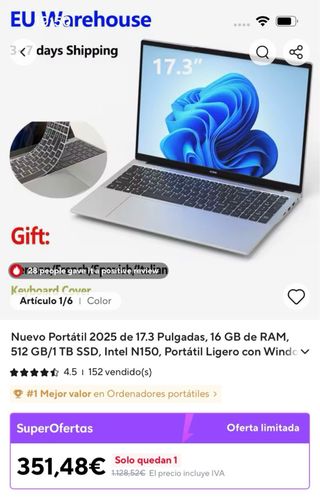 Portátil 17.3 16GB RAM 512GB SSD Intel N150