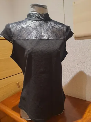 Camisa negra mujer encaje cuello alto L