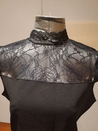Camisa negra mujer encaje cuello alto L