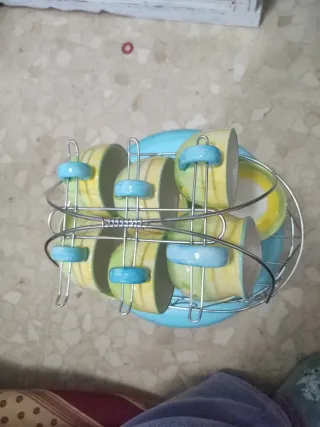 Juego de café 6 tazas azul y amarillo