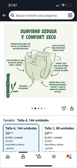 96 Pañales eco Naty Bambú Talla 4 (8-14kg).