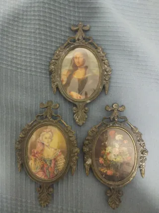 Lote 3 cuadros antiguos marcos bronce metal