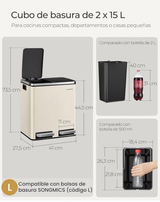 Cubo Basura Doble Songmics 2x15L