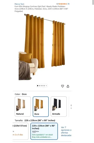 Cortinas 229x229cm Ojal Ocre (Par) NUEVAS!