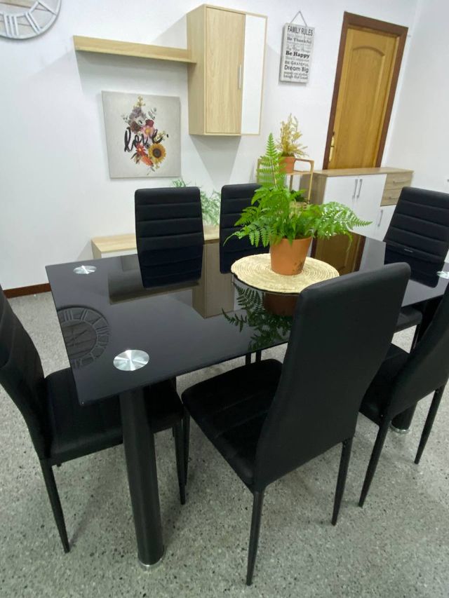 Mesa cristal negra 6 sillas
