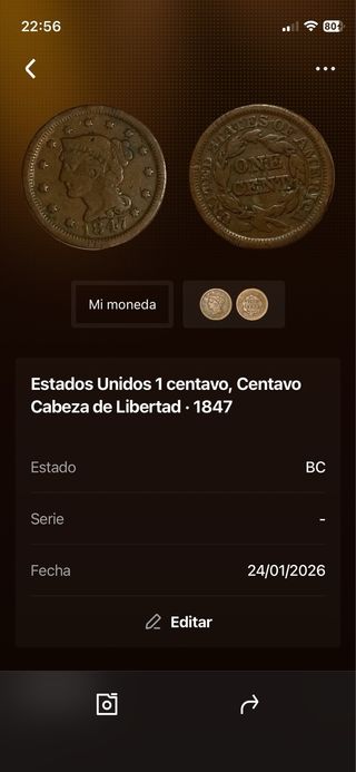 Moneda 1 Centavo USA 1847