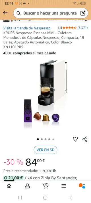 Cafetera Nespresso Essenza Mini Blanca