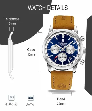 Reloj GOLDENHOUR Cronógrafo Azul Correa Marrón