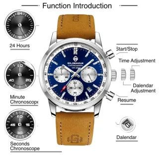 Reloj GOLDENHOUR Cronógrafo Azul Correa Marrón