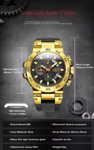 Reloj LIGE Hombre Dorado y Azul