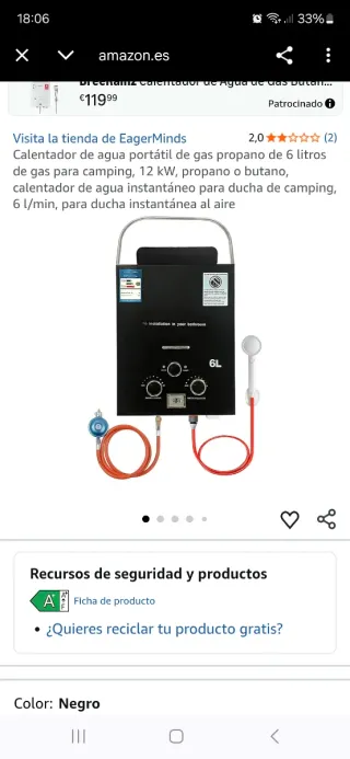 Calentador de agua gas portátil 6L