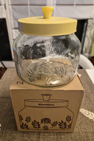 Biscottiera vetro decorato e metallo Mulino Bianco