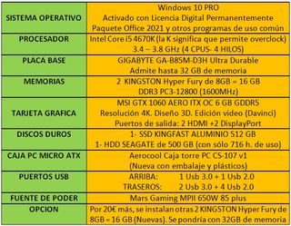 Ordenador GAMING: i5-4670K+GTX 1060 6GB GDDR5