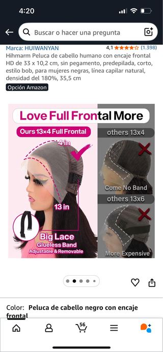 Peluca cabello natural negro