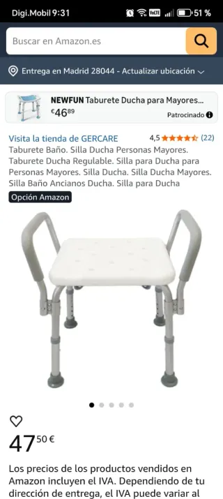 Silla Taburete baño Ducha Ortopedia persona mayor