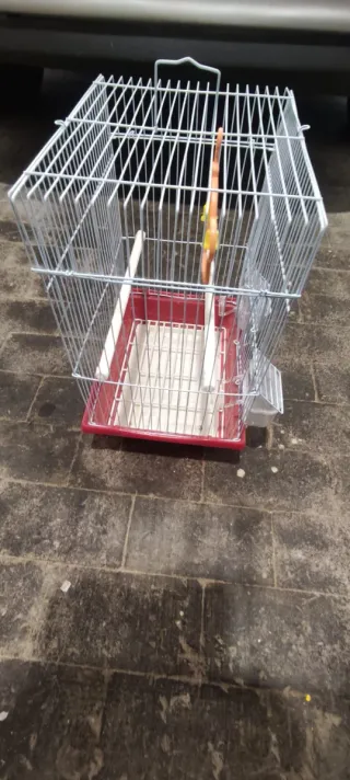 Jaula para pájaros blanca y roja