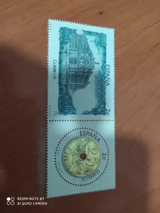 Sello España 1000 Pesetas y Moneda 25 Céntimos