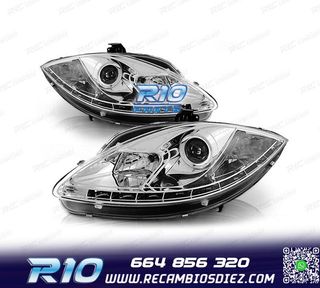 FAROS SEAT LEON ALTEA 09-12 LUZ DIURNA REAL DRL FONDO CROMO