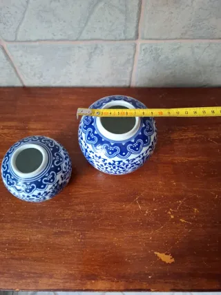 2 Jarrones Cerámica Motivos Chinos Azul Blanco