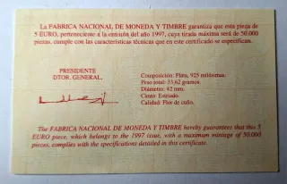 Moneda 5 Euro Plata 1 Onza España 1997 Nieuport