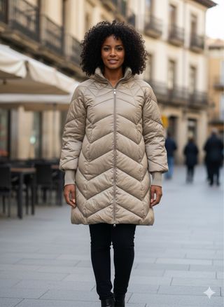 Chaqueta rosa peluda y plumas beis