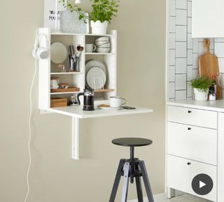 Mesa abatible pared con almacenaje. Blanco.