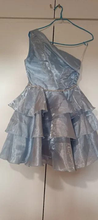 Vestido de gala quinceañera azul plateado