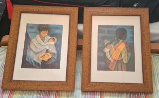 Lote de dos cuadros " Madre e Hijo con Sombrero"