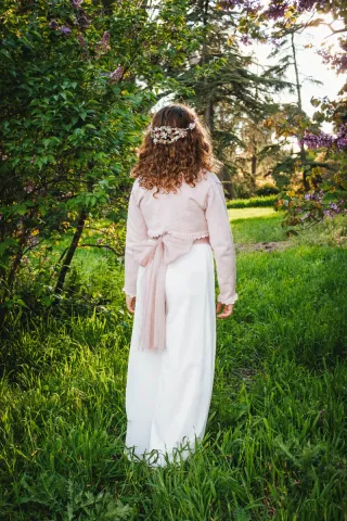 Mono Vestido Comunión Niña Blanco y Rosa