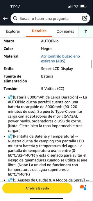 Ducha Eléctrica Portátil Camping USB