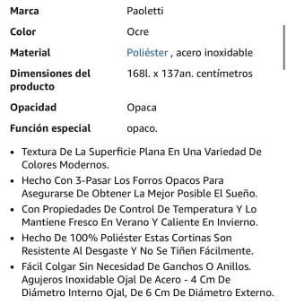 Cortinas Ocre Ojal 168x137cm (Par) Nuevas