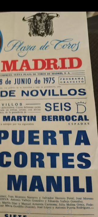 Cartel Antiguo Corrida Novillos Madrid 1975