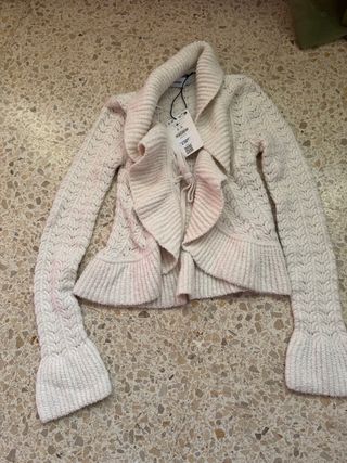 Cárdigan Bershka trenzado cuello chal rosa/blanco
