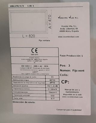 Ventana Fija Aluminio 820x470mm Nueva
