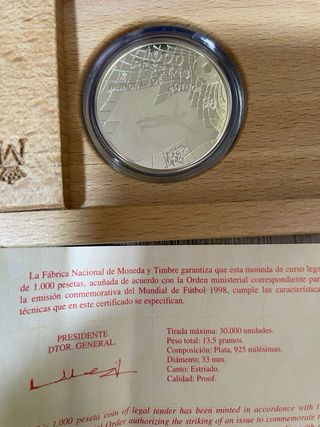 Moneda Plata 1000 Pesetas Mundial 98