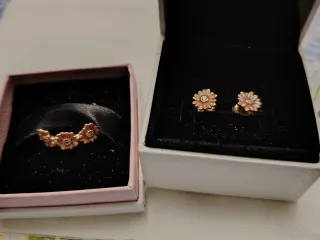 Conjunto Pandora Flores Oro Rosa y Esmalte