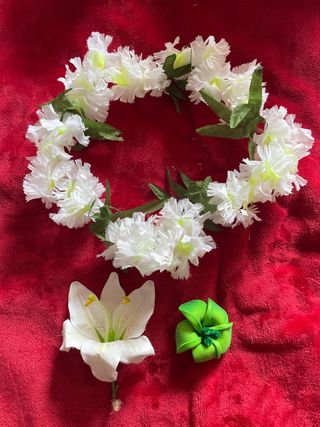 Carnaval: adorno flores blancas y verdes