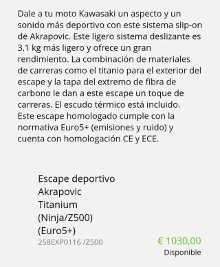 Tubo de escape Akrapovič Kawasaki z500