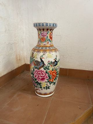 Jarrón Chino Cerámica Flores y Pavo Real