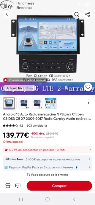Pantalla y Radio Coche Citroen