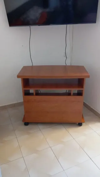 Mueble TV con ruedas - Madera y cristal