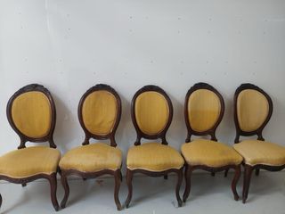 6 Sillas Isabelinas Madera y Tela Amarilla