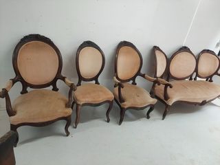 6 Sillas Isabelinas Madera y Tela Amarilla