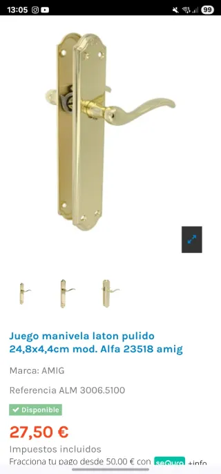 Manillas Puerta Latón Pulido Clásicas. PVP 2 Unid.